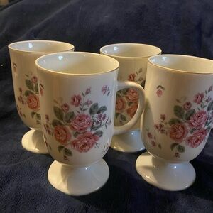 4 Vintage floral pedestal gold trim mugs